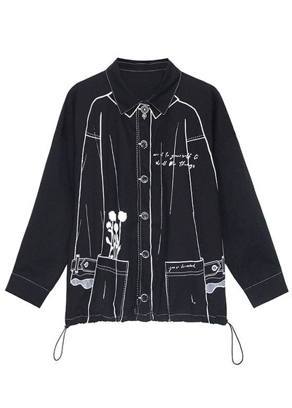 Black Print Drawstring Button Fall Long Sleeve Shirts