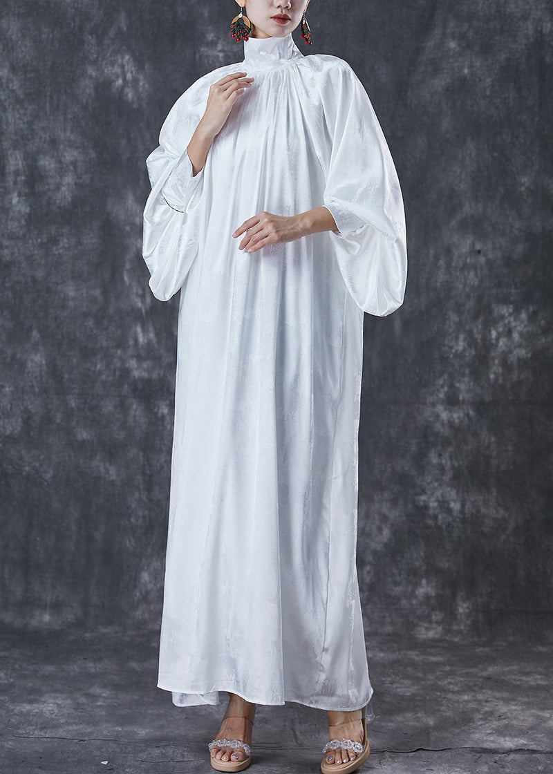 Fine White High Neck Draping Wear on Both Sides Silk Long Dresses Spring