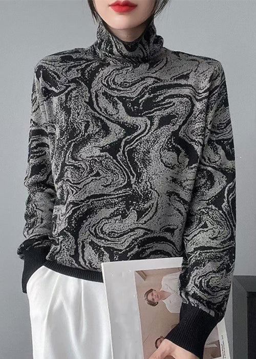 Black Tie Dye Turtleneck Knit Sweaters Long Sleeve