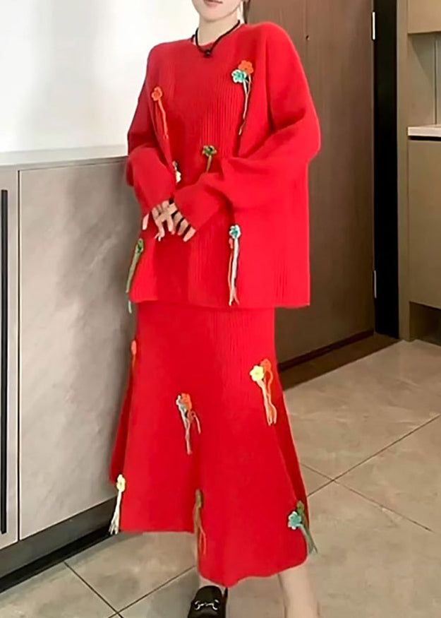 Style Rose O-neck Tasseled Knit Two Pieces Set Fall