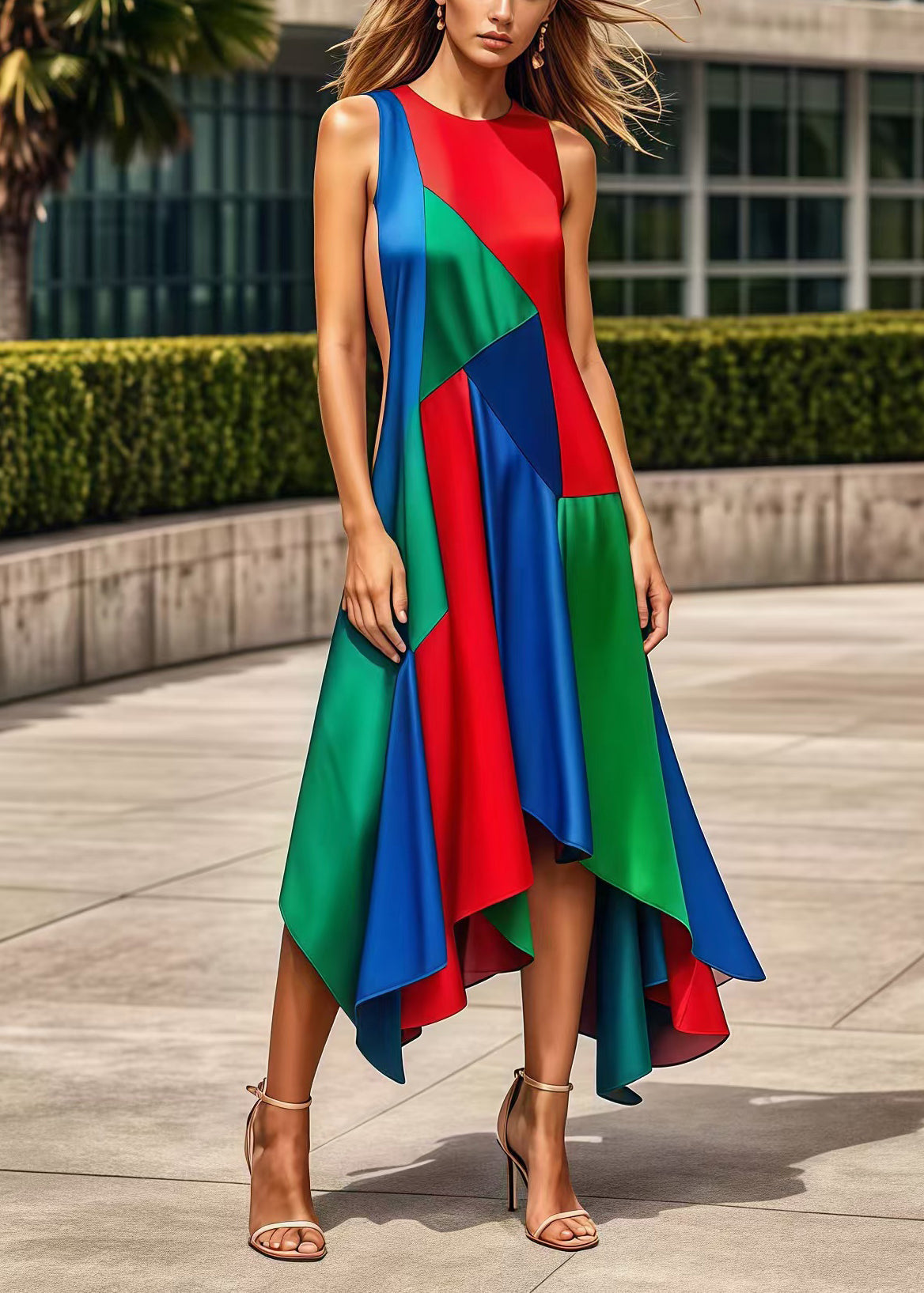 Multicolor Asymmetrical Patchwork Silk Maxi Dresses Summer