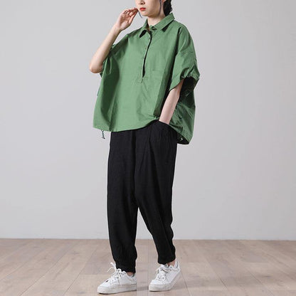 Fitted Army Green Peter Pan Collar Blouse Top Short Sleeve