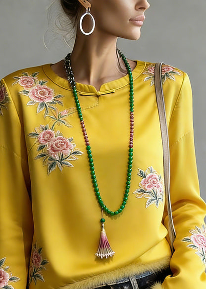 Novelty Yellow Embroidered Patchwork Silk Cotton Tops Spring
