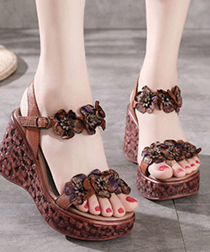 Buckle Strap Wedge Sandals Brown Cowhide Leather