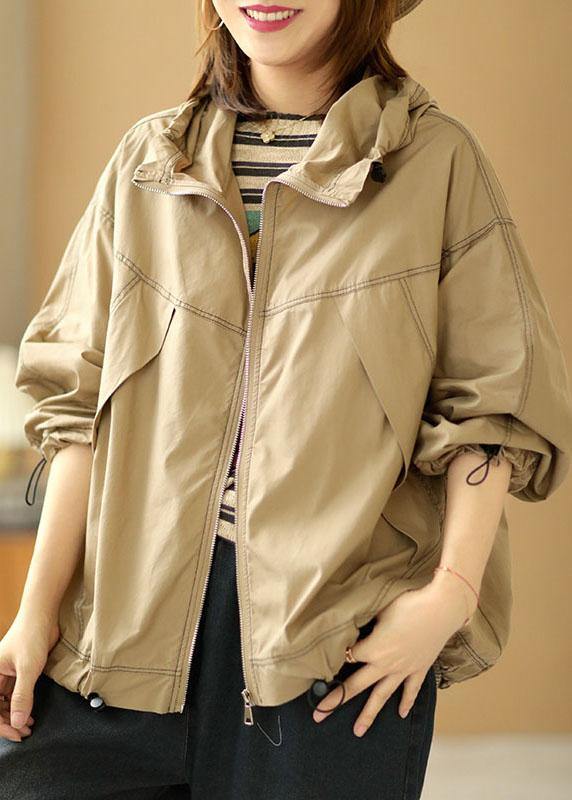 Boutique Khaki Loose Pockets Fall Hoodie Coat Long Sleeve