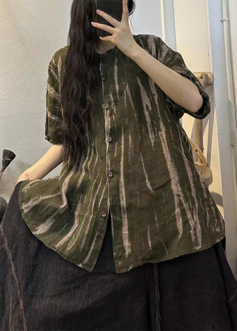 Handmade Orange O-neck Striped Linen Shirts Half Sleeve