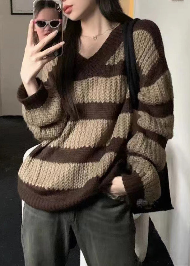 Striped V Neck Hollow Out Knit Sweaters Long Sleeve