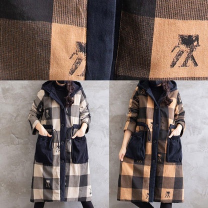 Gray Plaid Overcoat Hooded Drawstring Coats