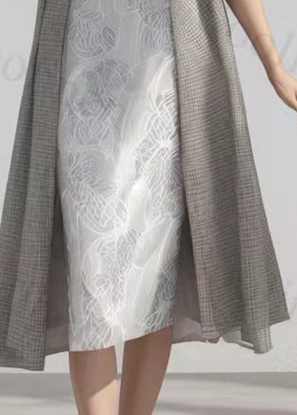 O-neck Patchwork Fake Two Pieces Silk Long Dress Summer