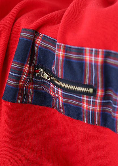 Red Striped Patchwork Warm Fleece Tops Fall