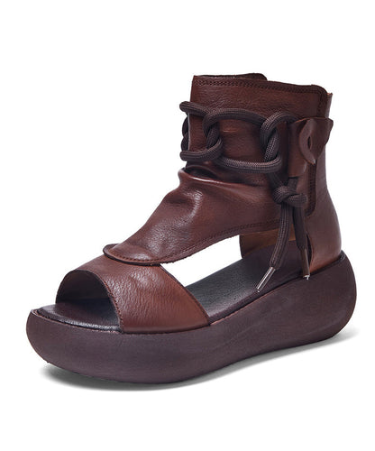 Brown Cowhide Leather Sandals Lace Up Sandals