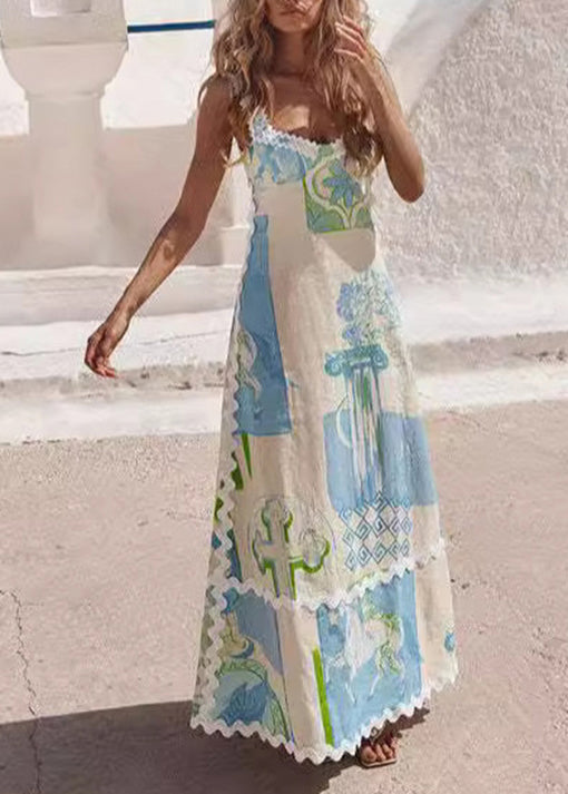 Printed Backless Bow Lace Up Dress Summer