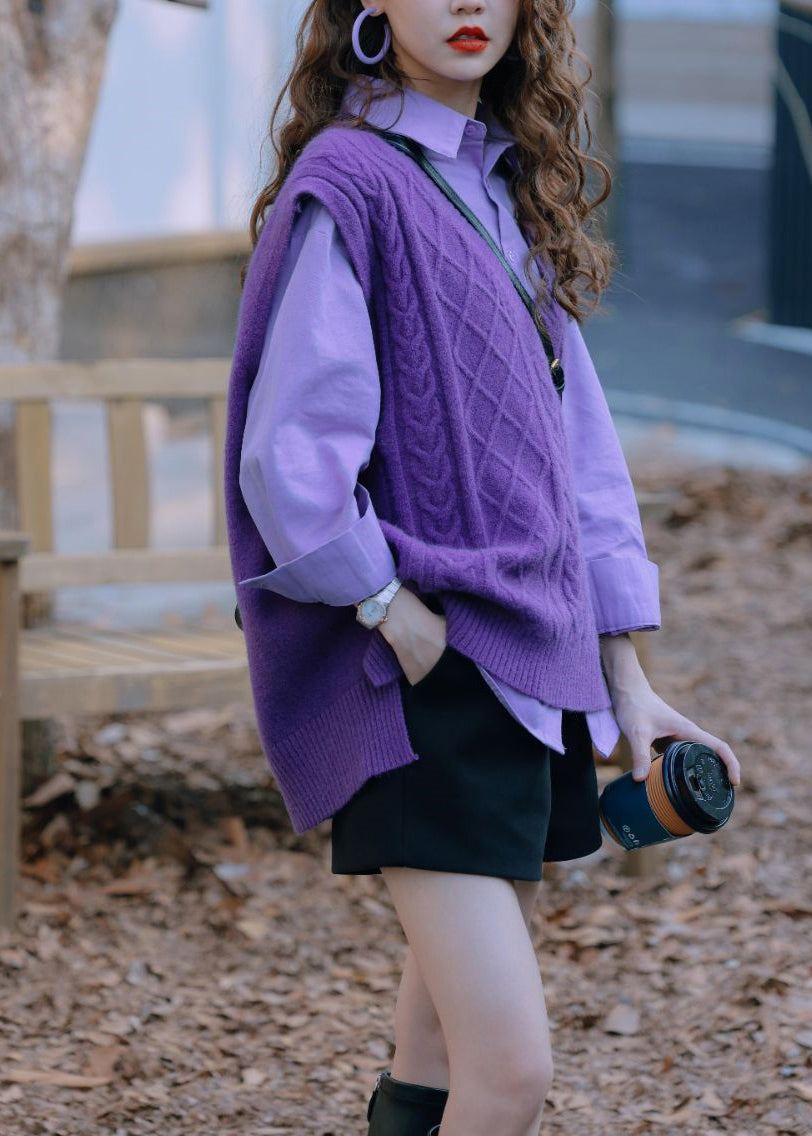 Stylish Purple Knit Vest and Shirts Two Pieces Set Fall