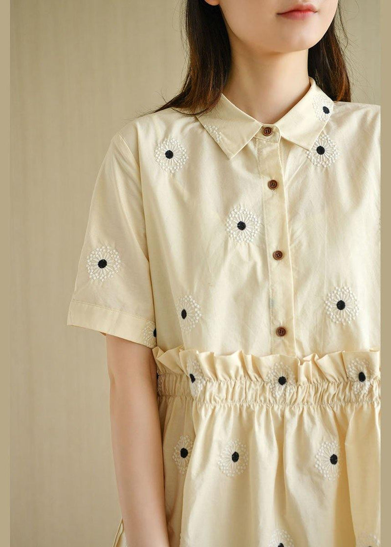 Unique Beige Yellow Peterpan Collar Button Embroideried Summer Cotton Vacation Dresses