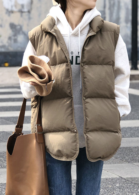 Khaki Stand Collar Thick Winter Sleeveless Puffer Vest