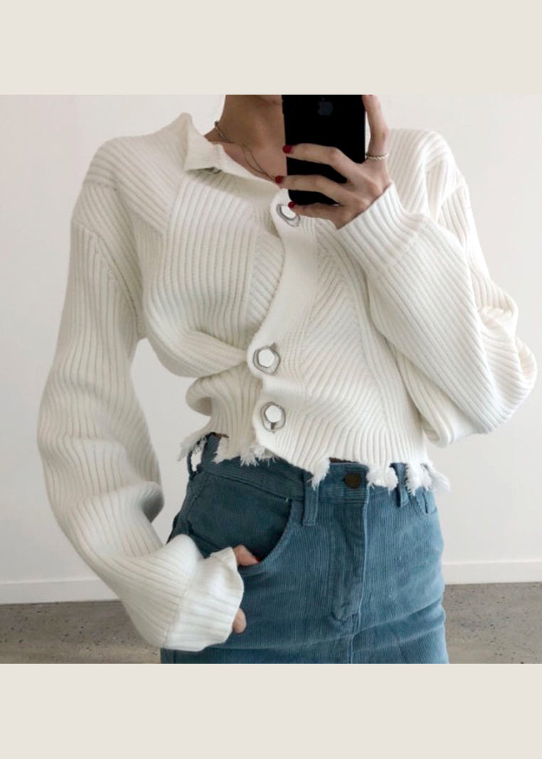 White Asymmetrical Button Patchwork Knit Sweaters Fall