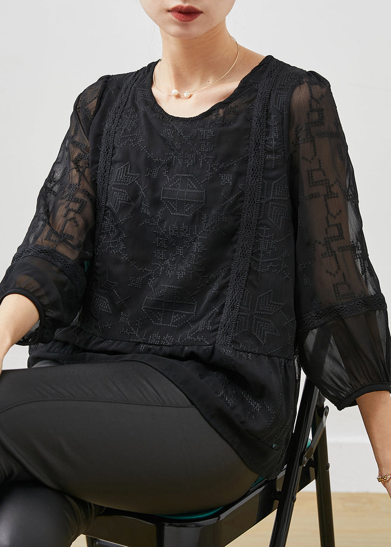 Black Embroidered Tulle Blouse Top Bracelet Sleeve