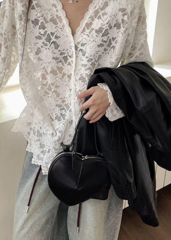 Black V Neck Hollow Out Lace Shirt Spring