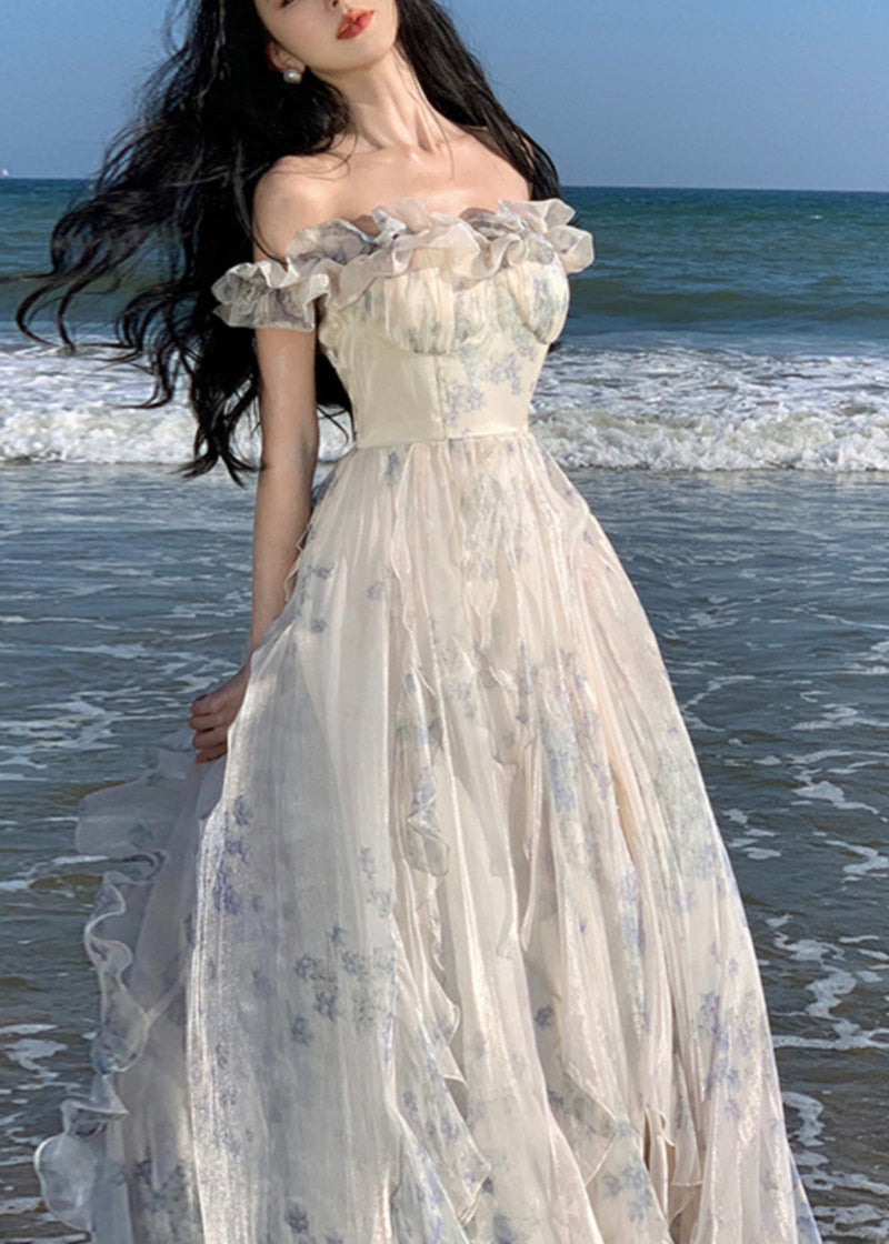 Ruffled Print Patchwork Chiffon Long Dresses Summer