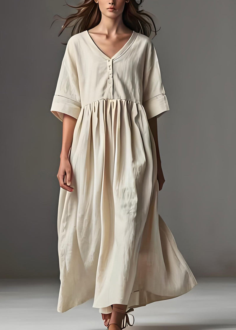 Beige V Neck Patchwork Linen Dress Summer