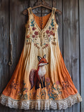 Vintage Fox Floral Embroidered Lace Hem Gradient Linen Dress artswardrobe
