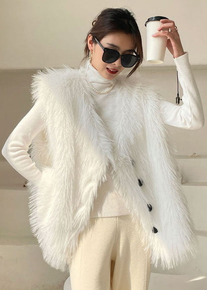 White Button Fuzzy Fur Tops Sleeveless Waistcoat