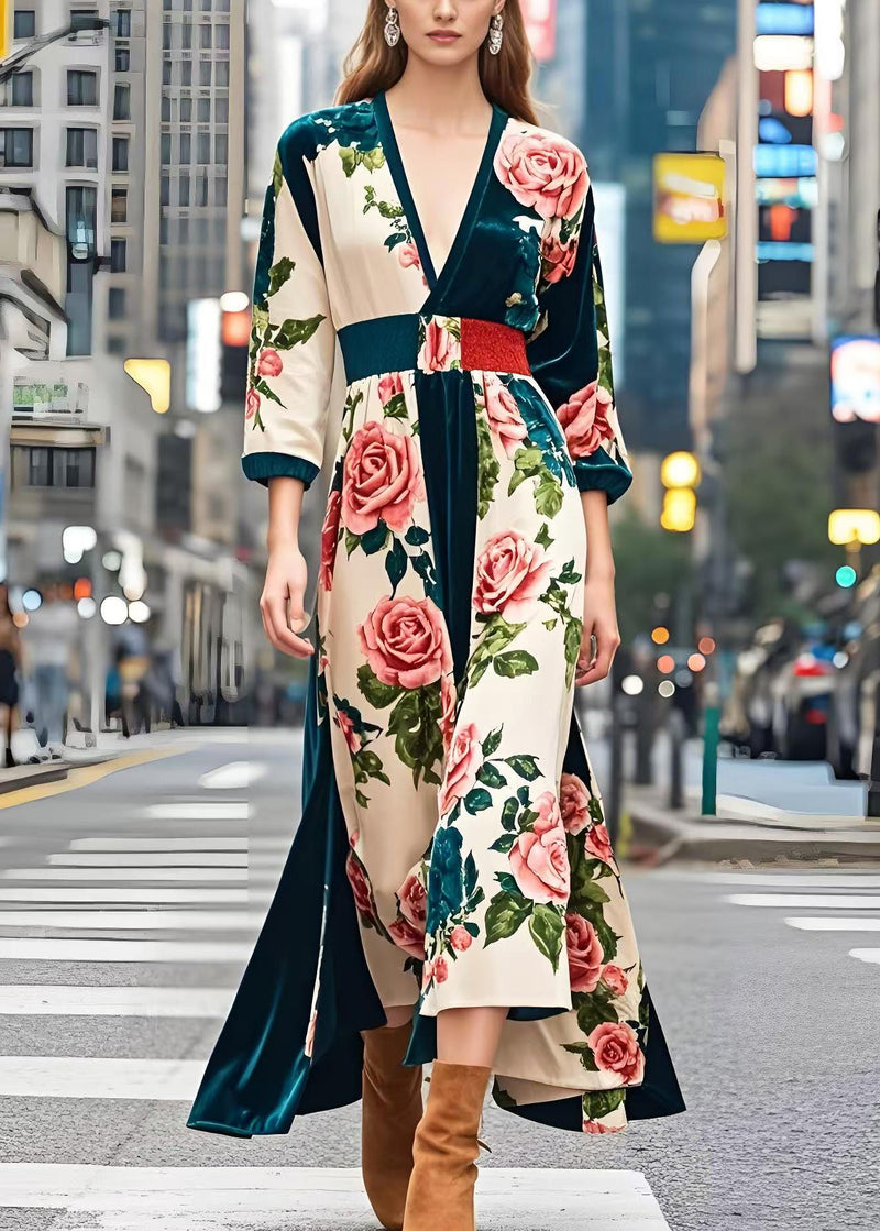 Peacock Green Cinched Print Silk Velour Dress Spring