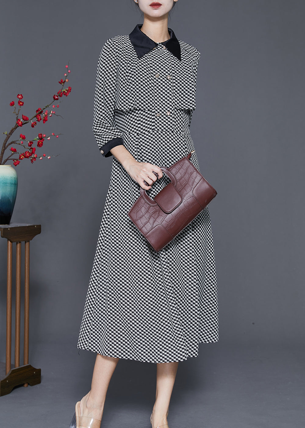 Black Print Silm Fit Chiffon a Line Dress Double Breast Spring