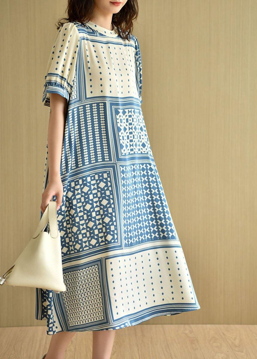 Loose Blue O-neck Print Summer Cotton Short Sleeve Dress