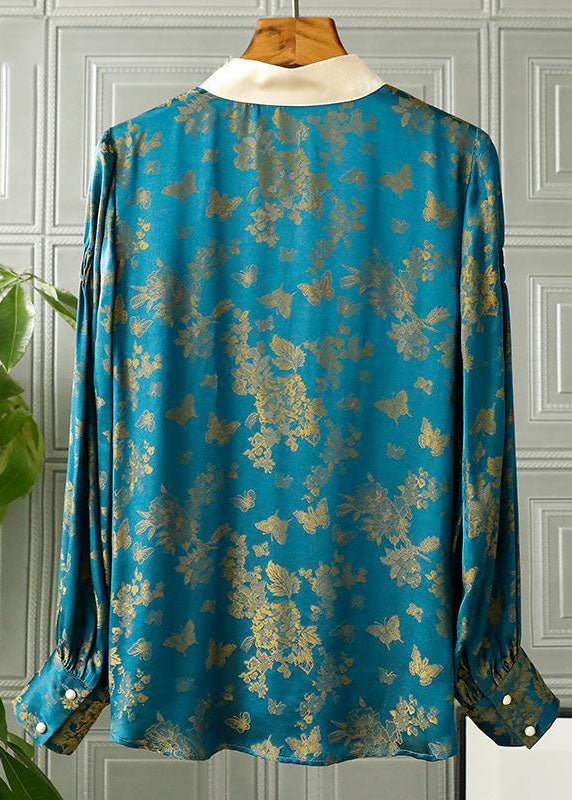 Blue Stand Collar Patchwork Jacquard Silk Shirt Top Fall