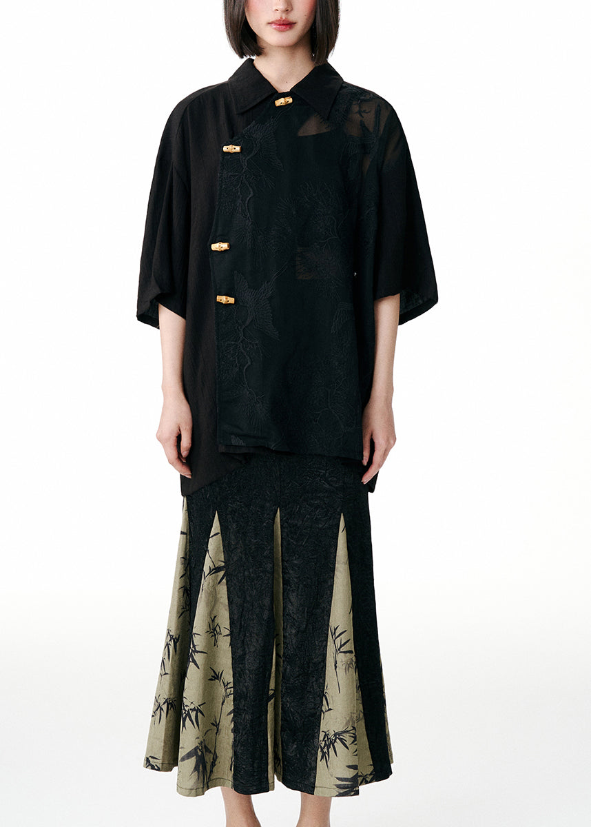 Black Peter Pan Collar Embroideried Patchwork Tulle Blouses Fall