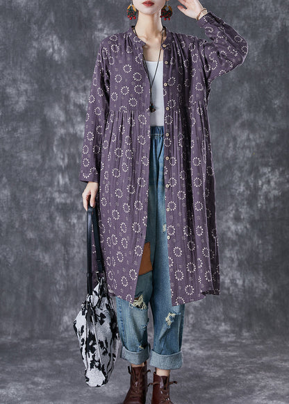 Purple Print Button Down Cotton Dresses Fall