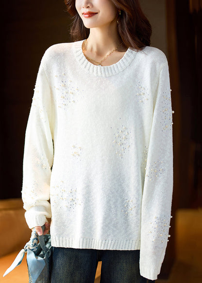 White O Neck Pearl Zircon Knit Sweater Spring