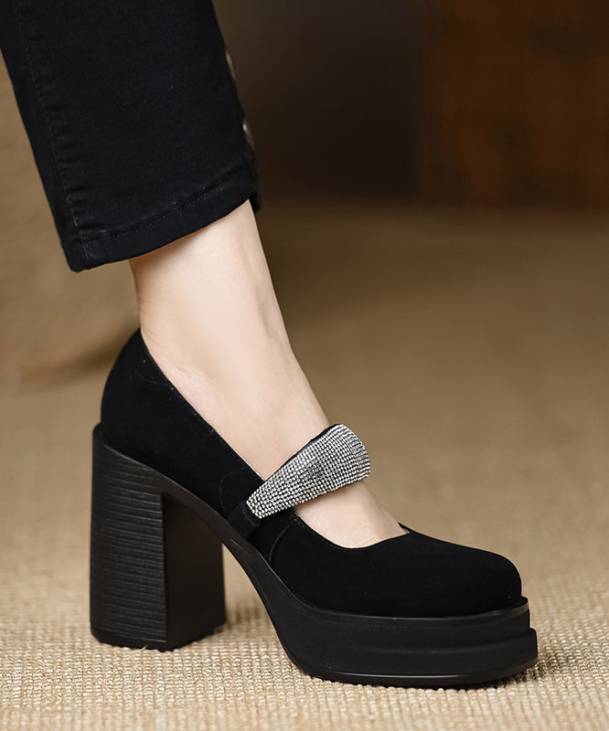European and American Style Suede Chunky High Heels Splicing Zircon Buckle Strap