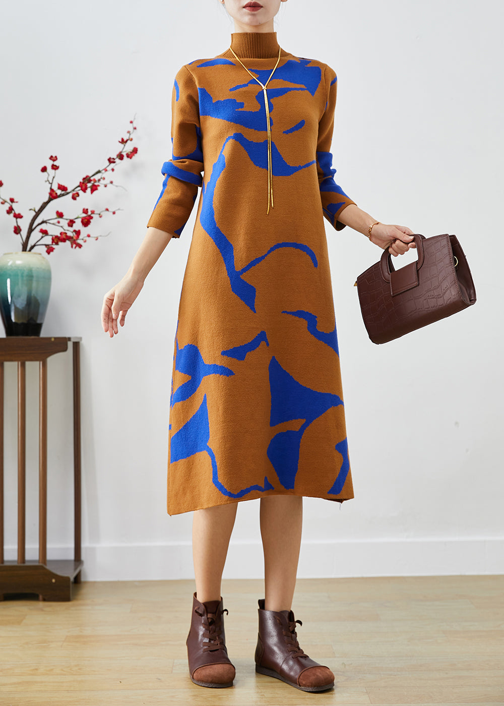 Camel High Neck Print Knit Dress Fall