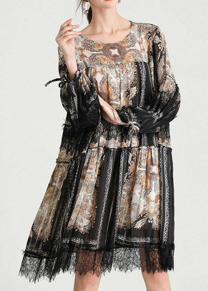 Italian Black Print Chiffon O-neck Summer Party Dress
