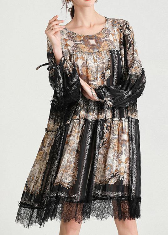 Italian Black Print Chiffon O-neck Summer Party Dress