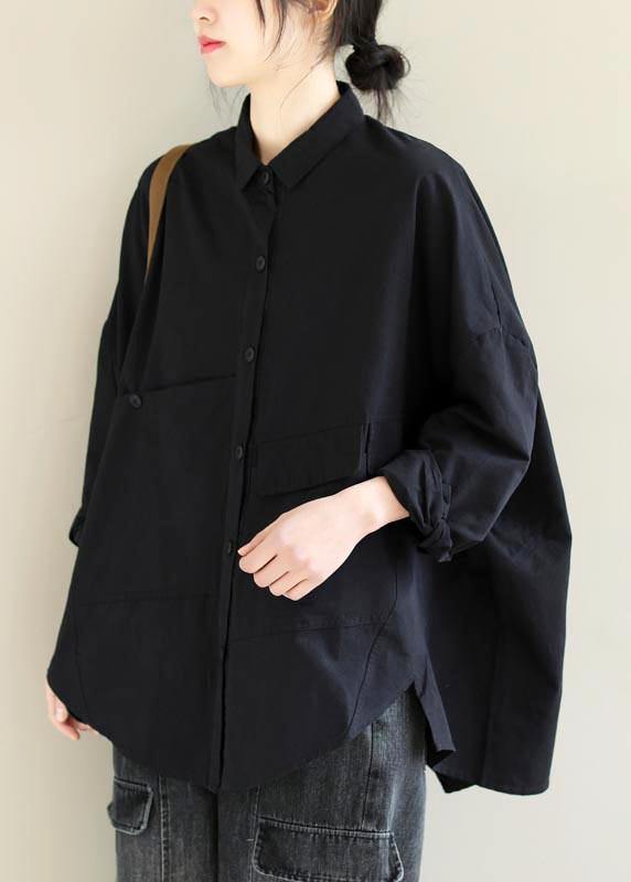Unique Lapel Asymmetric Blouse Sewing Black Shirt