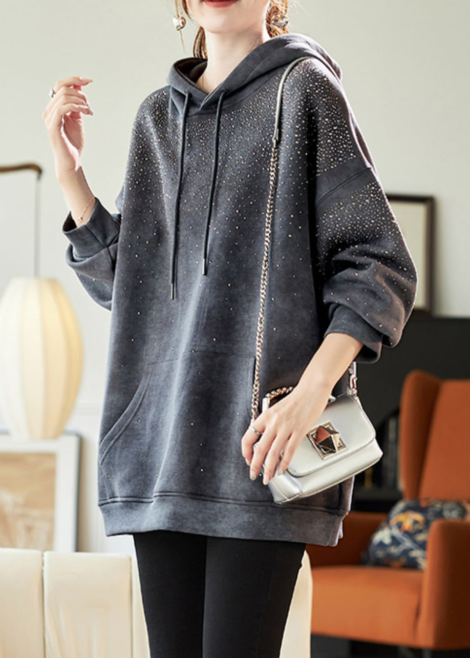 Grey Drawstring Zircon Pockets Hooded Sweatshirts Lantern Sleeve