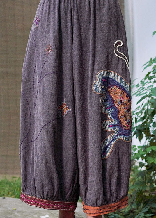 Purple Retro Embroideried Oriental Lantern Fall Pants Trousers