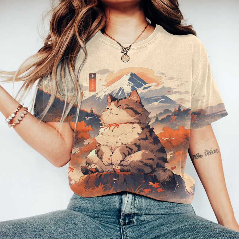 Casual Cat And Mountain Landscape Print Crew Neck T-Shirt elevenforest