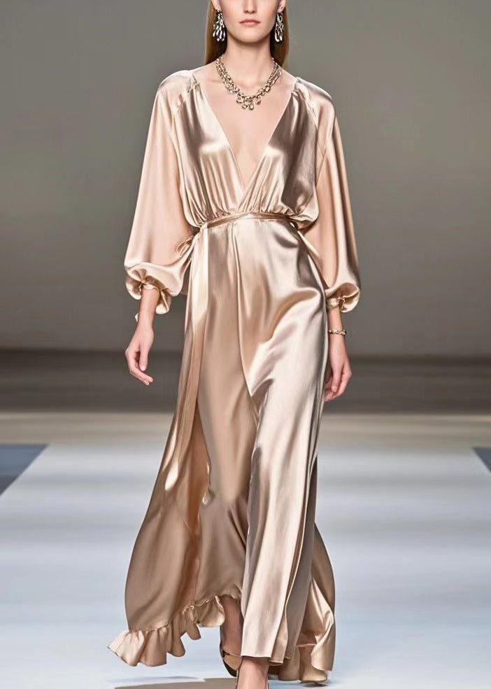 Champagne V Neck Ruffles Silk Long Dresses Fall