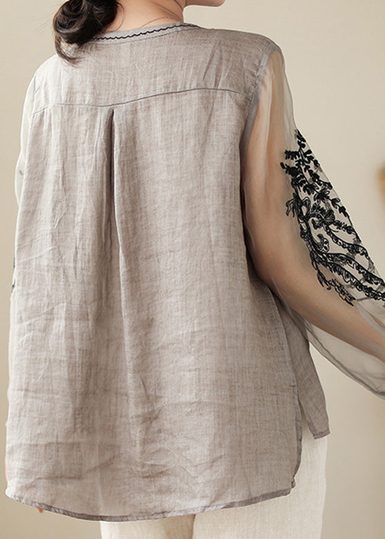 Simple Grey O-neck Embroideried Linen Top Spring