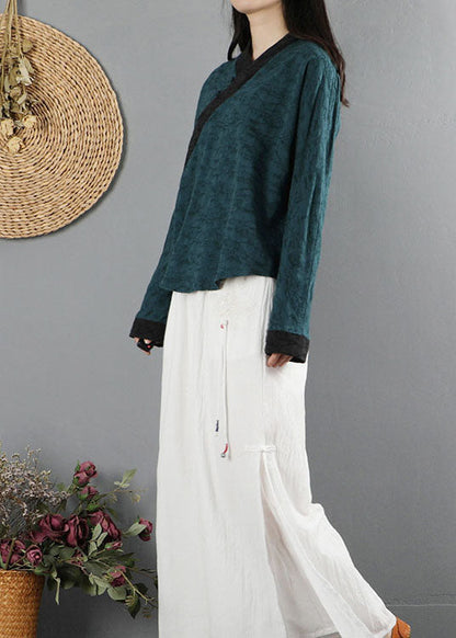 Tea Green V Neck Long Sleeve Shirts