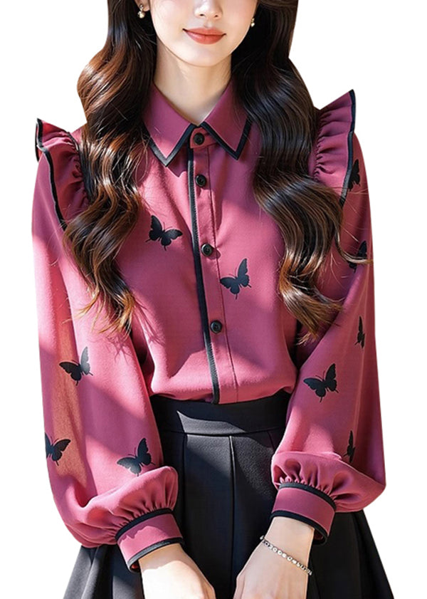Rose Peter Pan Collar Print Ruffled Chiffon Shirt Tops Fall