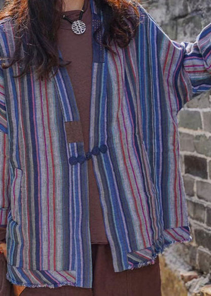 Blue Striped Retro Button Fall Shirt Top