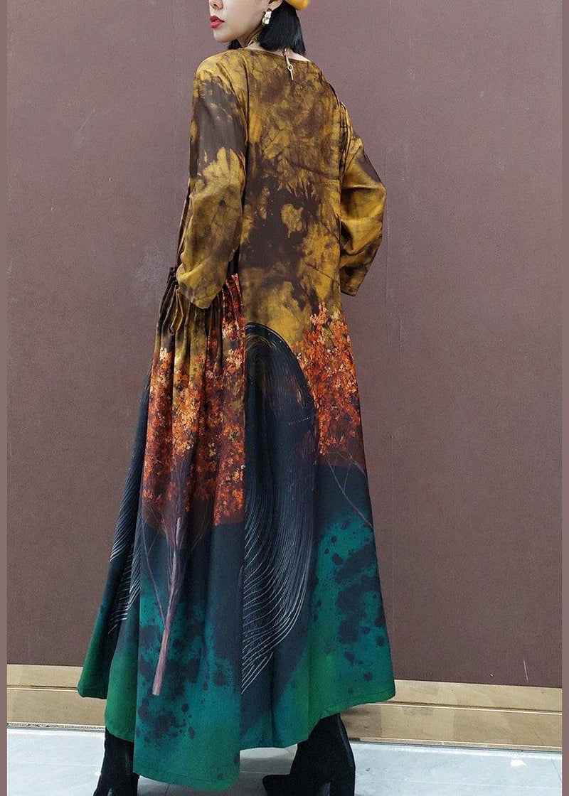 Diy O Neck Large Hem Spring Clothes Tunic Tops Yellow Print Vestidos De Lino Dresses