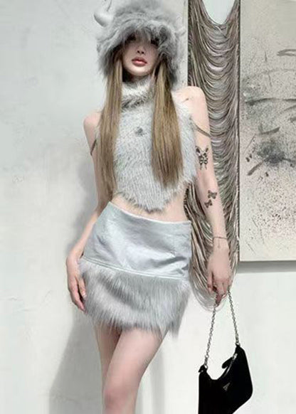 Grey Turtleneck Patchwork Tops and Skirts Knit Two Pieces Set Sleeveless