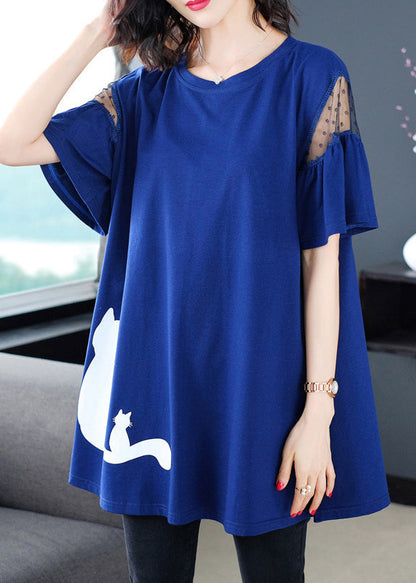 Italian Blue O-neck Print T Shirt Summer