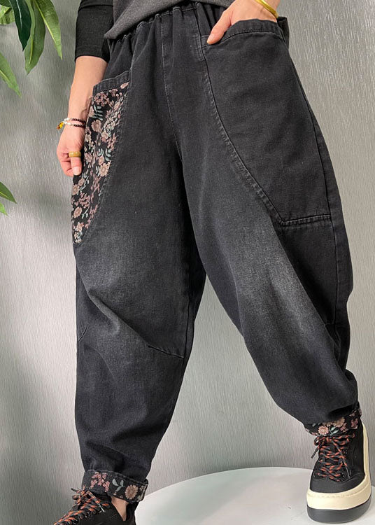 Black Embroideried Pockets Denim Pants Spring
